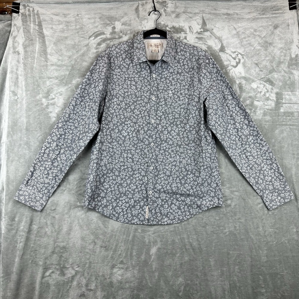 Original Penguin Heritage Slim Fit Button Front Shirt Men's L Gray Micro Floral